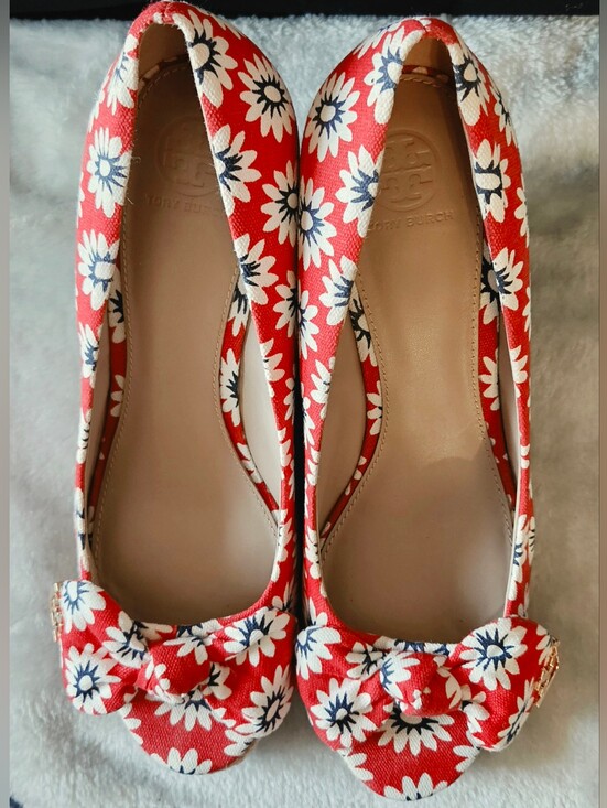 Tory Burch Shoes - Tory Burch Red Daisy Espadrille Wedges with Navy Centers and Bow